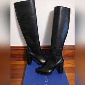 Stuart Weitzman Marcella Knee-High Boots Black Leather Block Heel - Size 4 /34